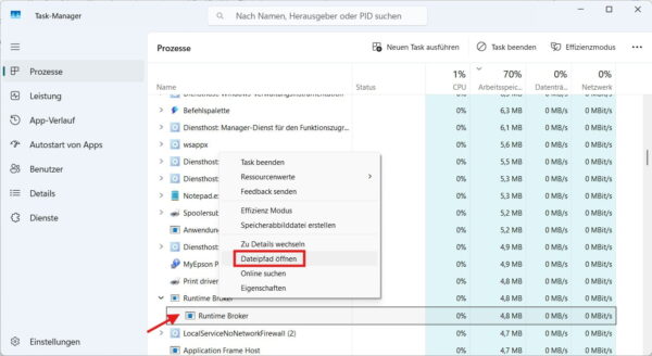 Dateipfad von RuntimeBroker.exe überprüfen Dateipfad von Runtime Broker im Windows-11-Task-Manager öffnen