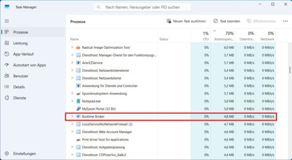 Runtime Broker im Windows-11-Task-Manager Runtime Broker im Task-Manager von Windows 11