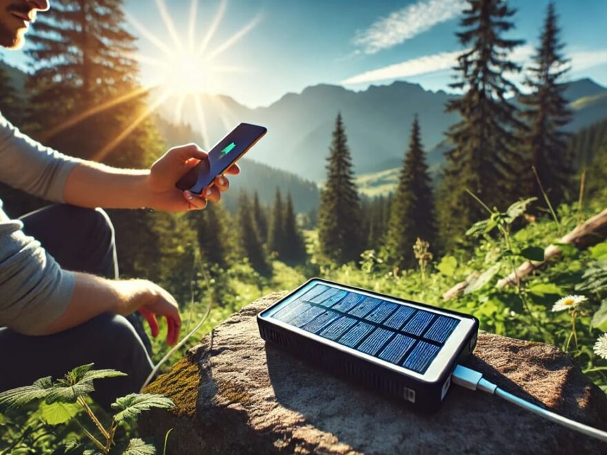 Solar Powerbank lädt Smartphone in einer natürlichen Umgebung auf