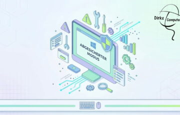 3D-Illustration eines Computers im abgesicherten Modus mit Werkzeug-Icons zur Fehlerbehebung