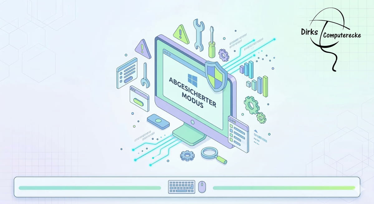 3D-Illustration eines Computers im abgesicherten Modus mit Werkzeug-Icons zur Fehlerbehebung