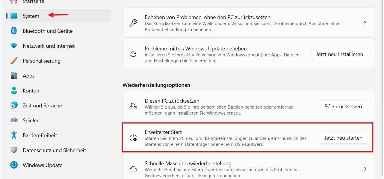 Abgesicherten Modus starten über den erweiterten Start in den Windows Einstellungen