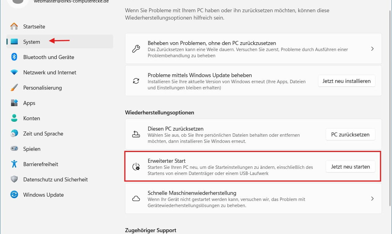 Abgesicherten Modus starten über den erweiterten Start in den Windows Einstellungen