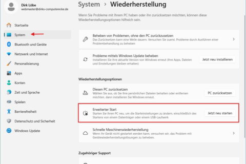 Abgesicherten Modus starten über den erweiterten Start in den Windows Einstellungen