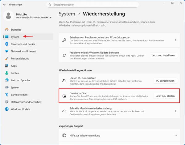 Windows 11 Einstellungen Menü Wiederherstellung mit markiertem Bereich Erweiterter Start