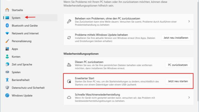 Abgesicherten Modus starten über den erweiterten Start in den Windows Einstellungen
