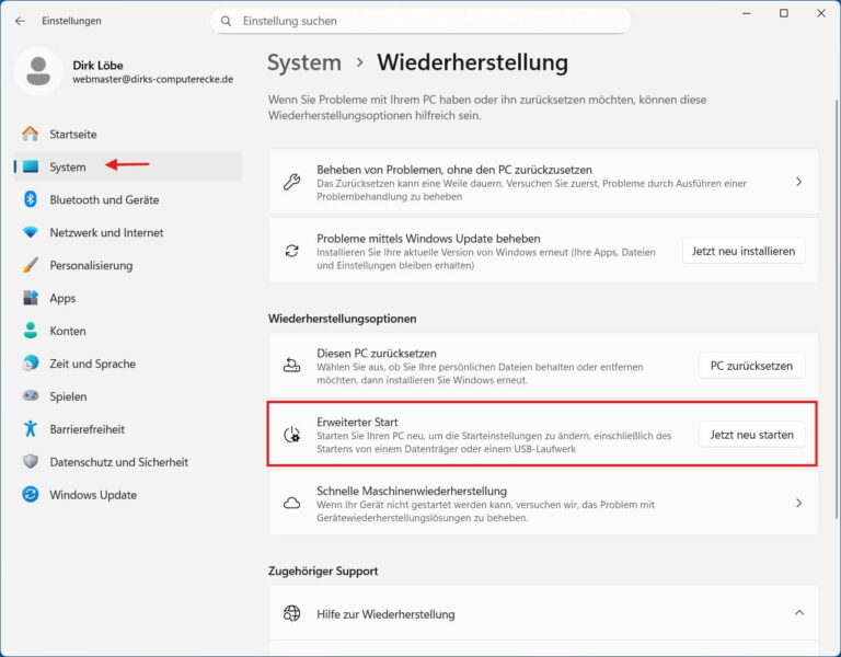 Abgesicherten Modus starten über den erweiterten Start in den Windows Einstellungen