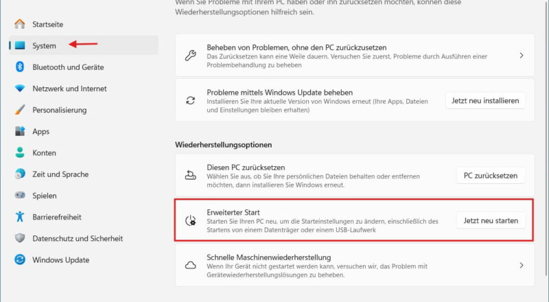 Abgesicherten Modus starten über den erweiterten Start in den Windows Einstellungen