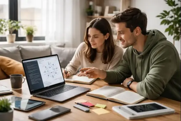 Zwei Personen lernen Deep Learning gemeinsam am Laptop