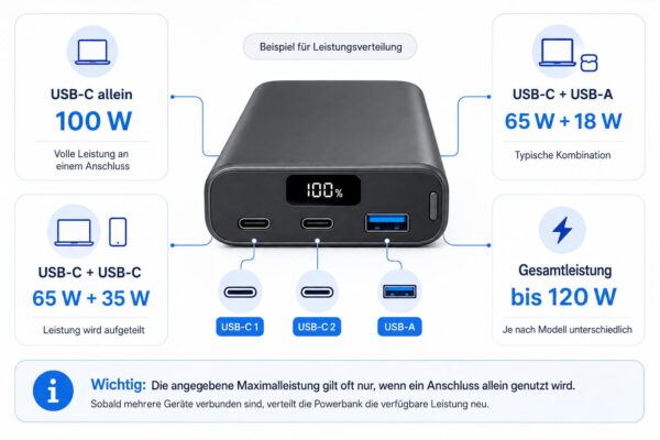 Powerbank 50000mAh kaufen – Leistung mehrerer Anschlüsse Leistungsverteilung einer Powerbank bei mehreren USB-Anschlüssen