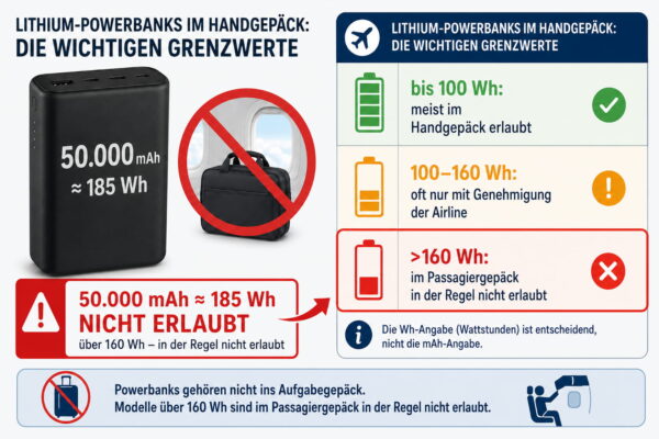 Powerbank 50000mAh kaufen – Regeln im Flugzeug 50.000-mAh-Powerbank mit 185 Wh überschreitet die Grenze für Flugreisen