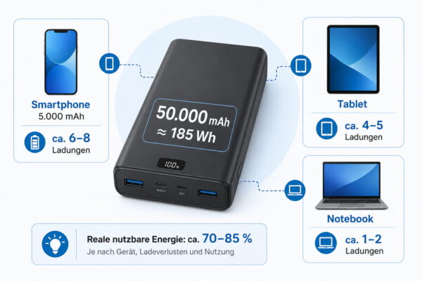 50.000-mAh-Powerbank im Praxisvergleich 50.000-mAh-Powerbank mit möglichen Ladungen für Smartphone, Tablet und Notebook