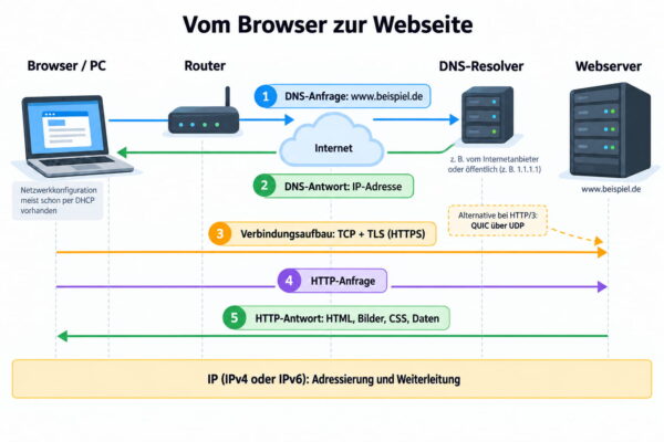 Netzwerkprotokolle bei DNS-Auflösung und Aufruf einer Webseite