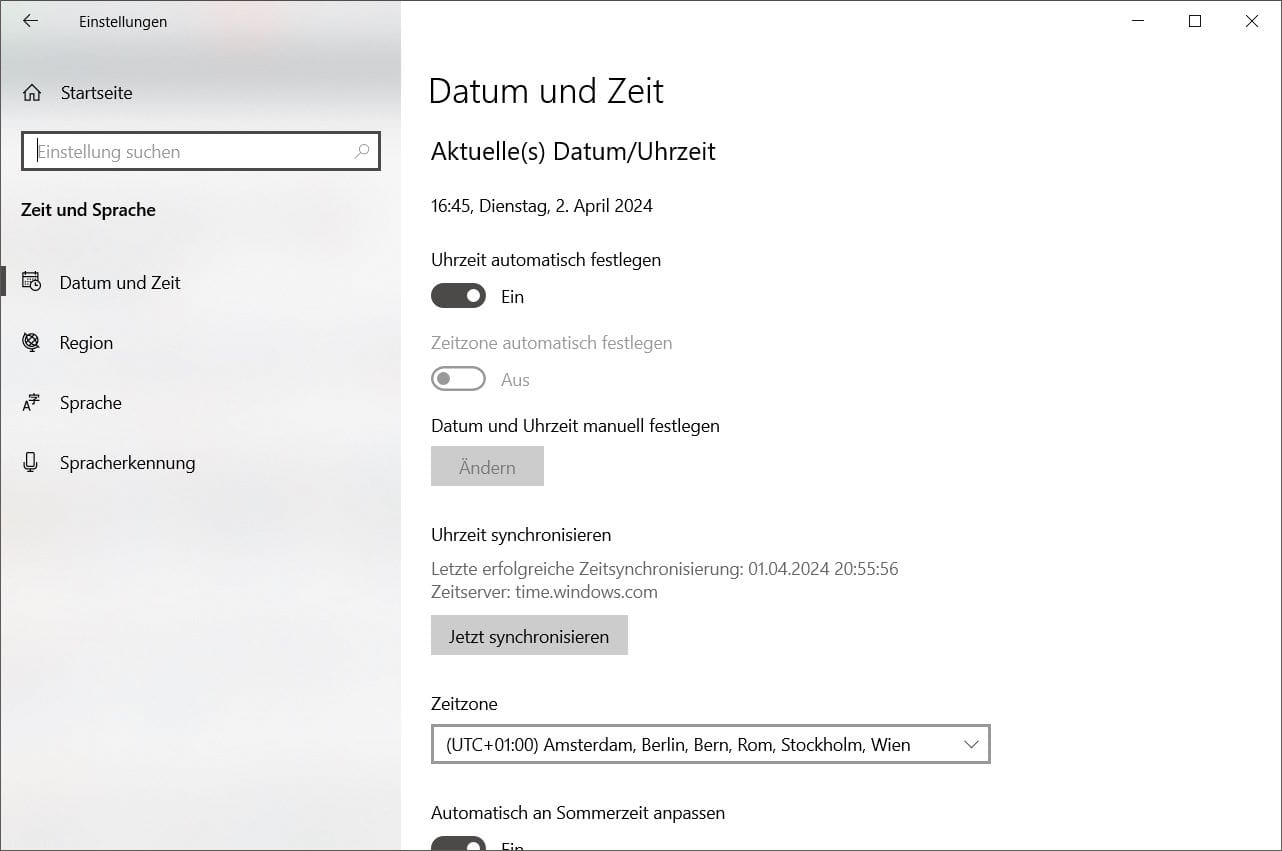 Uhrzeit einstellen bei Windows 10