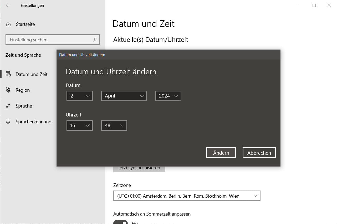 Uhrzeit einstellen bei Windows 10