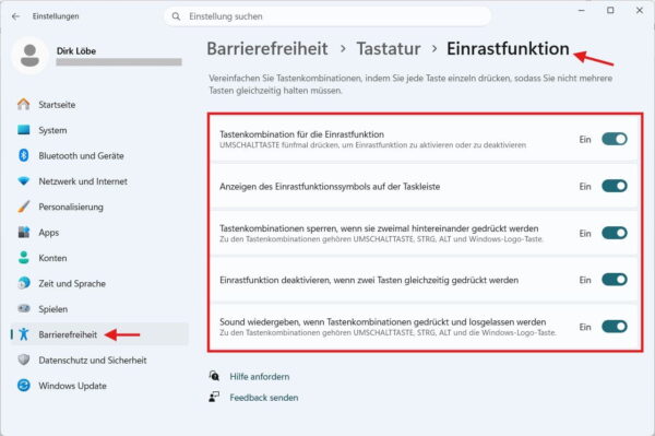 Einrastfunktion und Shift-Tastenkombination in Windows 11 dauerhaft deaktivieren