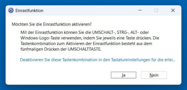 Hinweis zum Aktivieren der Einrastfunktion mit fünfmal Shift