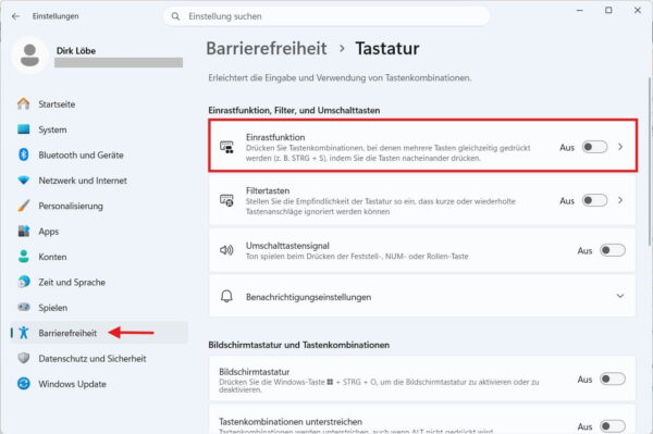 Einrastfunktion in den Tastatureinstellungen von Windows 11 deaktivieren