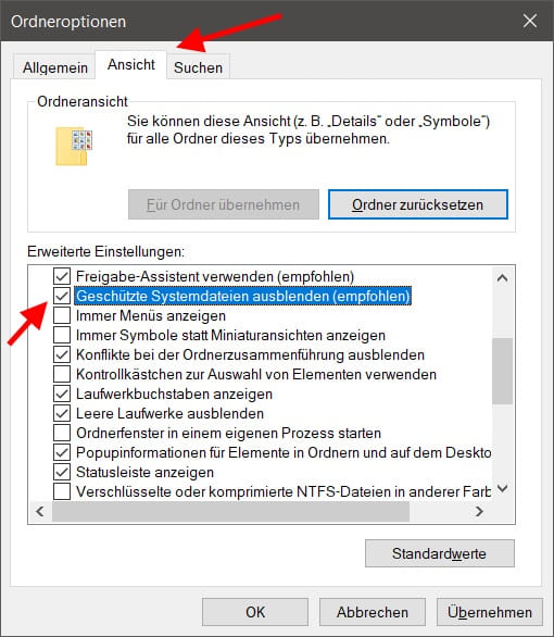 Geschützte Systemdateien in Windows über die Ordneroptionen anzeigen