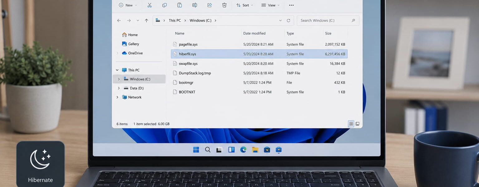 hiberfil.sys als Windows-Systemdatei auf einem Laptop im Explorer