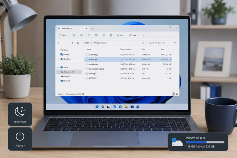 hiberfil.sys als Windows-Systemdatei auf einem Laptop im Explorer