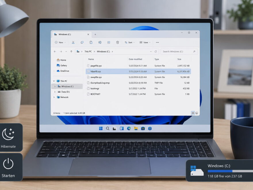 hiberfil.sys als Windows-Systemdatei auf einem Laptop im Explorer