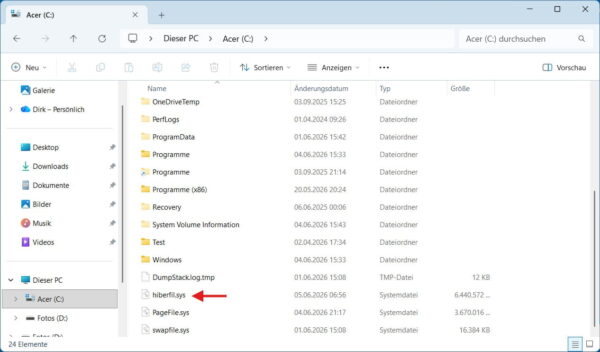 hiberfil.sys als Systemdatei im Windows Explorer hiberfil.sys im Windows 11 Explorer auf Laufwerk C