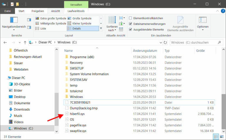 hiberfil.sys im Windows Explorer