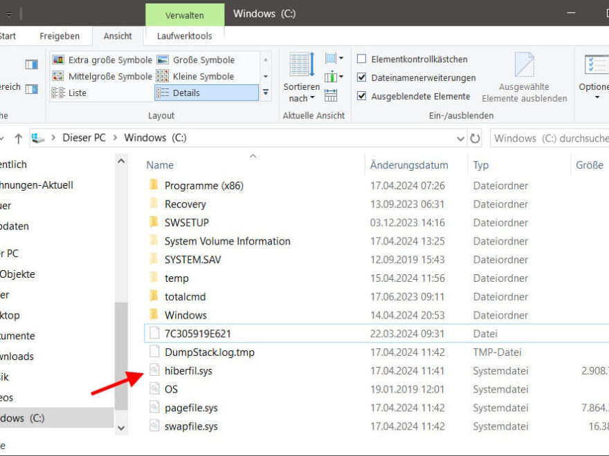 hiberfil.sys im Windows Explorer