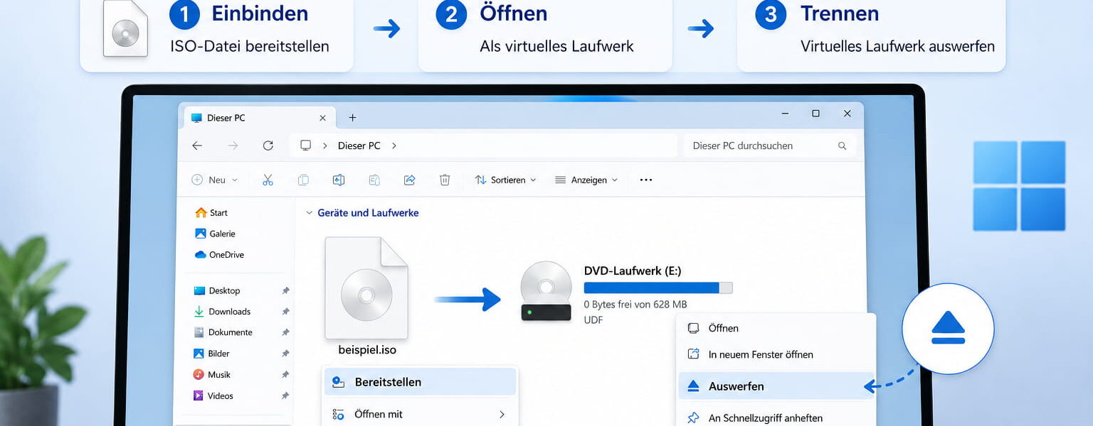 ISO-Dateien in Windows 10 und 11 einbinden, öffnen und trennen