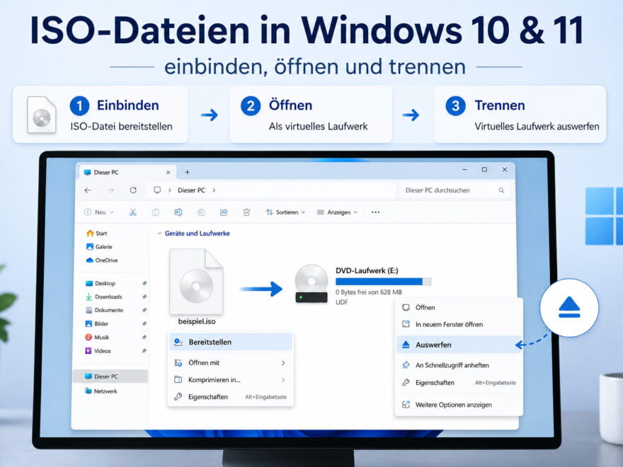 ISO-Dateien in Windows 10 und 11 einbinden, öffnen und trennen