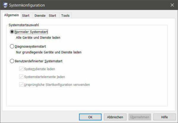 msconfig Allgemein-Tab Systemstart-Optionen msconfig Allgemein-Tab Systemstart-Optionen