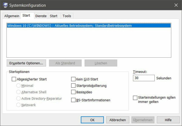 Boot-Optionen in msconfig Boot-Optionen in msconfig