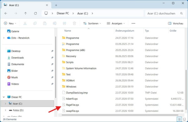 pagefile.sys als versteckte Systemdatei in Windows pagefile.sys im Windows-Explorer auf Laufwerk C