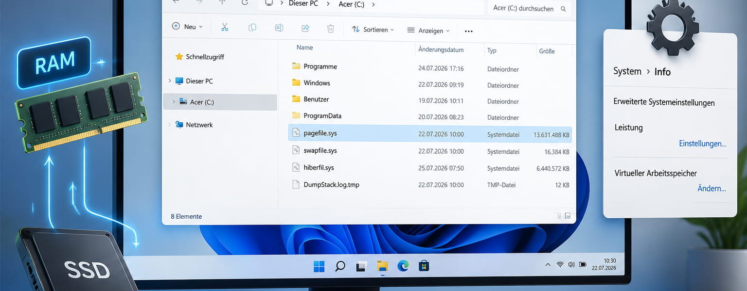 pagefile.sys in Windows mit RAM, SSD und virtuellem Arbeitsspeicher