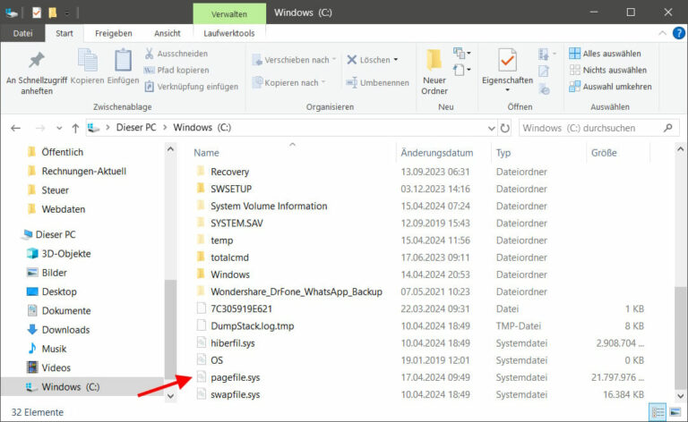 pagefile.sys im Windows Explorer