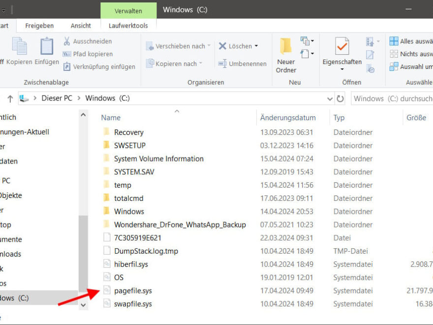 pagefile.sys im Windows Explorer