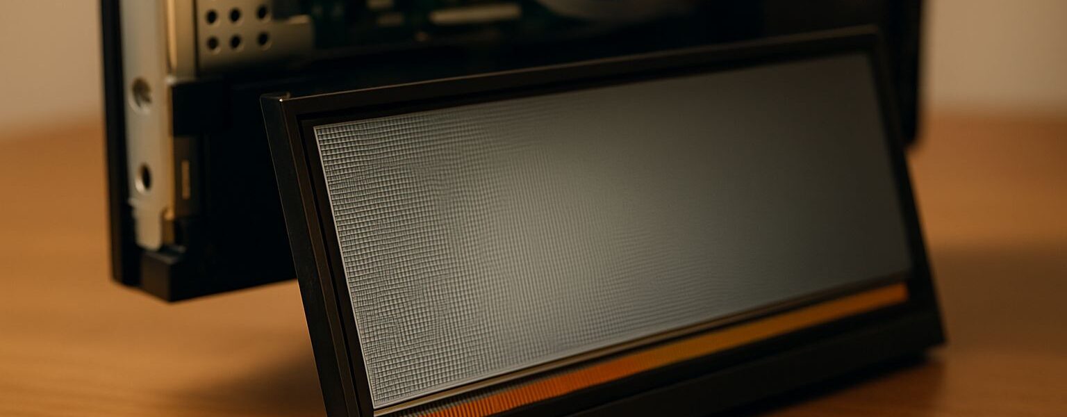 Panel im Querschnitt mit sichtbaren LCD-Schichten und Technikdetails