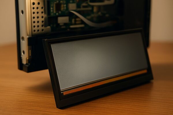 Panel im Querschnitt mit sichtbaren LCD-Schichten und Technikdetails
