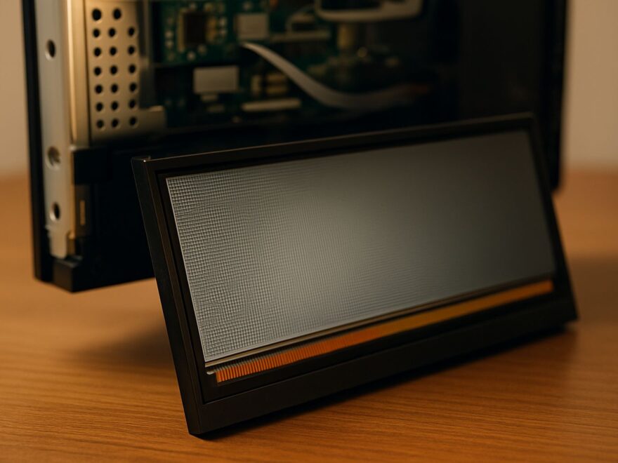 Panel im Querschnitt mit sichtbaren LCD-Schichten und Technikdetails