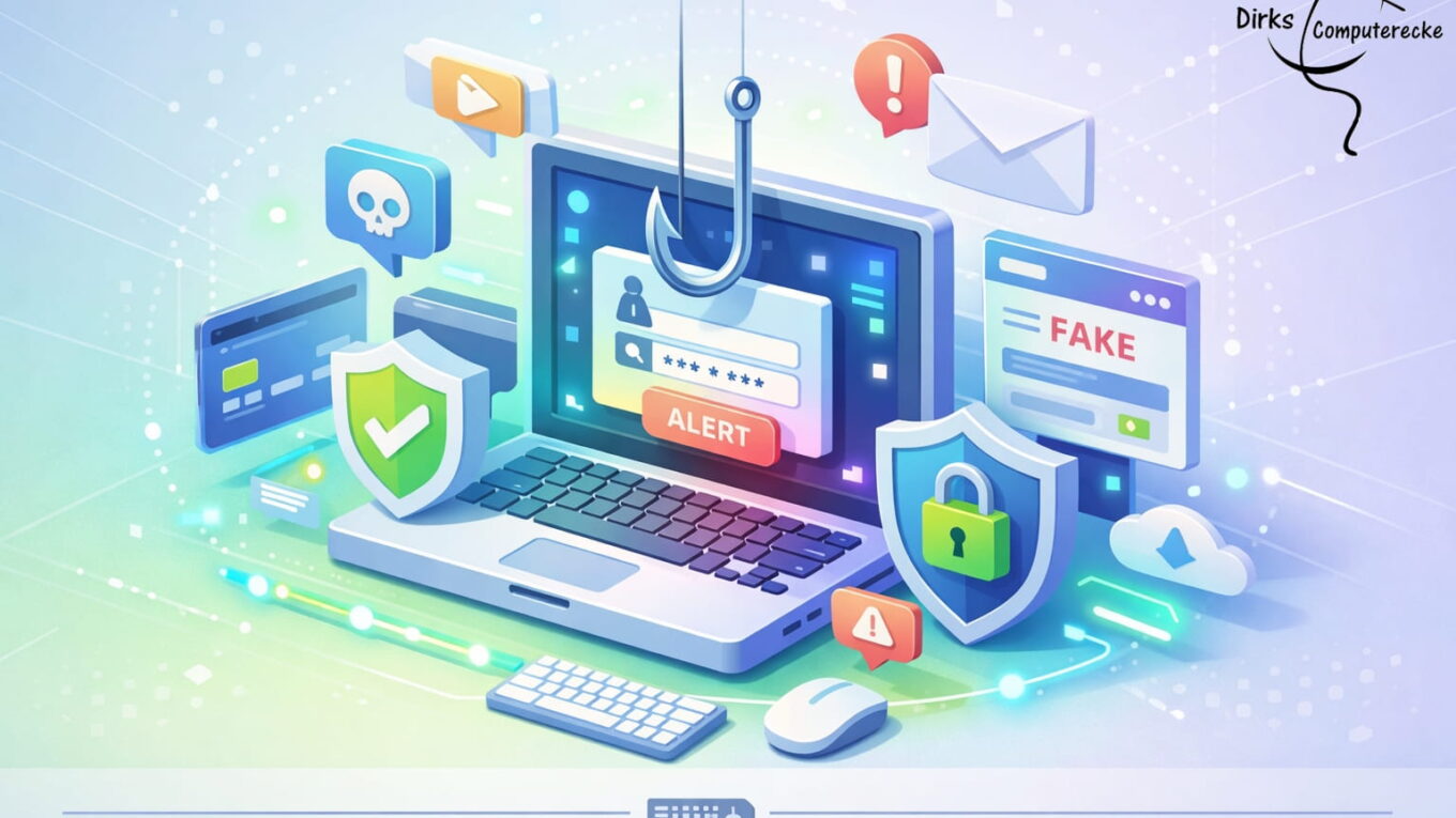 Phishing erkennen und Online-Betrug vermeiden – Illustration mit Laptop, Warnhinweisen und Sicherheits-Symbolen