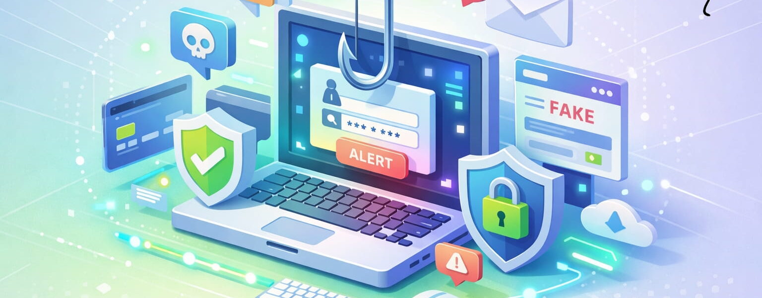 Phishing erkennen und Online-Betrug vermeiden – Illustration mit Laptop, Warnhinweisen und Sicherheits-Symbolen