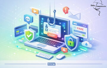 Phishing erkennen und Online-Betrug vermeiden – Illustration mit Laptop, Warnhinweisen und Sicherheits-Symbolen