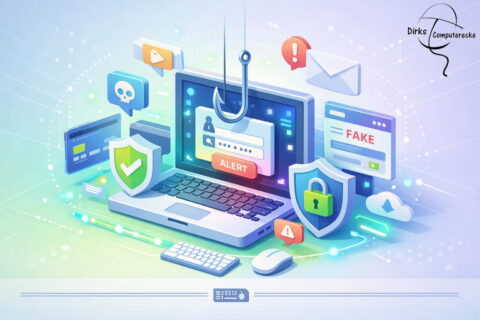 Phishing erkennen und Online-Betrug vermeiden – Illustration mit Laptop, Warnhinweisen und Sicherheits-Symbolen