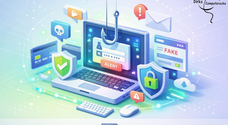 Phishing erkennen und Online-Betrug vermeiden – Illustration mit Laptop, Warnhinweisen und Sicherheits-Symbolen