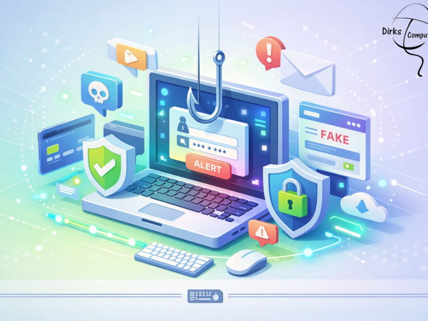 Phishing erkennen und Online-Betrug vermeiden – Illustration mit Laptop, Warnhinweisen und Sicherheits-Symbolen