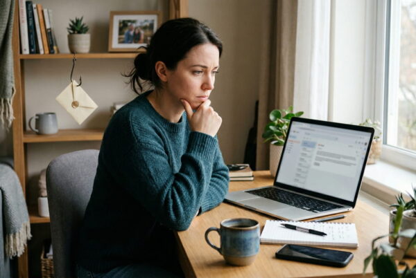 Person erkennt möglichen Phishing-Versuch am Laptop in realistischer Alltagssituation