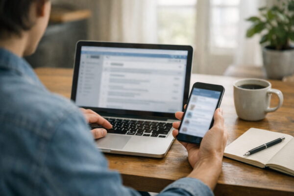 Person nutzt Laptop und Smartphone gleichzeitig – typische Situation für Phishing über mehrere Kanäle