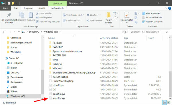 swapfile.sys im Windows Explorer