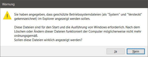 Warnmeldung beim Anzeigen geschützter Systemdateien in Windows